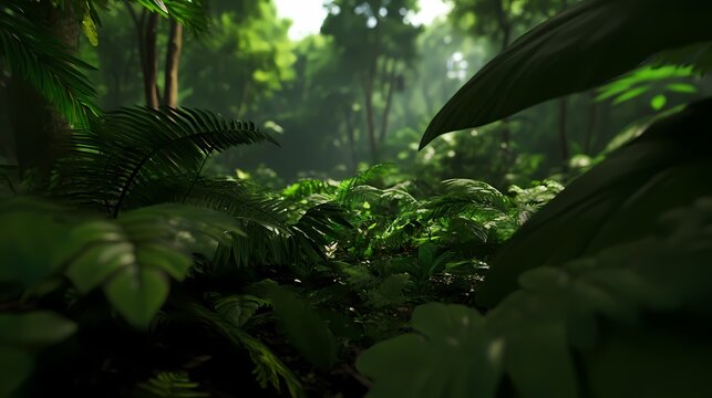 Lush green tropical rainforest with sunlight filtering through dense foliage.