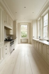 Obraz premium Elegant Cream Kitchen With Large Window and Hardwood Floor