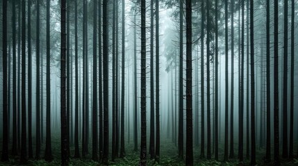 Mysterious forest shrouded in mist, evoking a sense of tranquility and natural beauty.