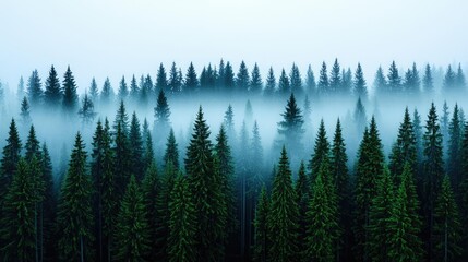 Fototapeta premium Misty forest landscape with tall evergreen trees under a serene, foggy sky.