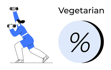 Woman lifting dumbbells in activewear, accompanied by the word Vegetarian and a percentage icon. Ideal for health, fitness, wellness, nutrition, dietary choices, vegetarianism promotion, active