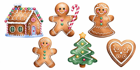 Naklejka premium Watercolor Christmas Gingerbread Cookies House Tree Festive Holiday Treats
