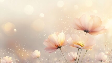 Delicate Peach Cosmos Flowers with Sparkling Golden Dust in Soft Light