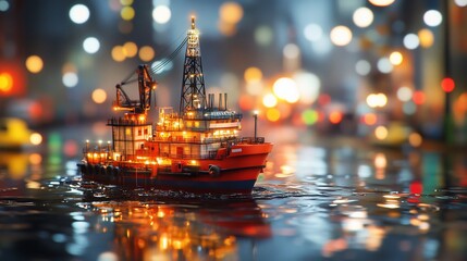Fototapeta premium Illuminated model ship on water at night.