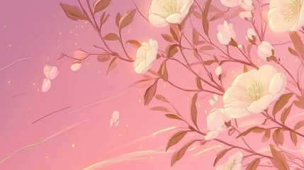 Delicate Pink Blossoms and Glowing Trails in a Soft Pink Sky