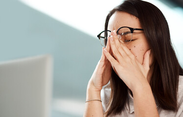 Migraine, stress and business woman in office with sickness, illness or allergy symptoms. Headache,...