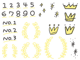 いたずら書き風の数字や王冠の可愛いアイコンセット　月桂樹・キラキラ