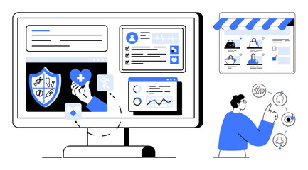 Health monitoring on a screen displaying icons of health, graphs, and user profiles. Person interacting with health icons. Ideal for healthcare, telehealth, user engagement, app design, medical