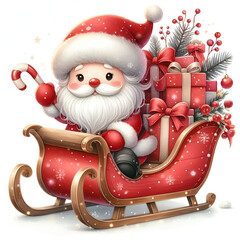 cute santa claus on sleigh with gifts watercolor illustration