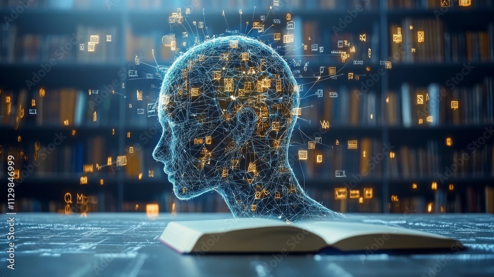 Poster exploring ai-driven personalized learning in a futuristic library setting with engaging visuals
