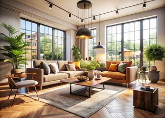 Fototapeta premium Stylish minimalist modern living room: sleek lines, neutral palettes, and functional design for a serene space.