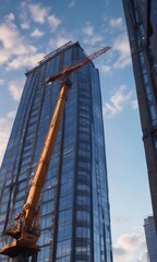 Fototapeta premium A lone modern crane pierces the sky above a gleaming high-rise, urban modernity, architectural icon,