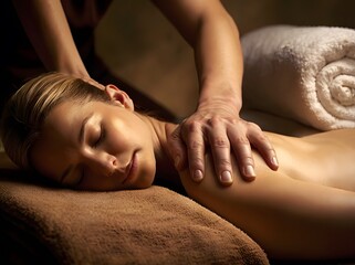 Fototapeta premium Relaxing Spa Massage Woman Receiving Shoulder Treatment