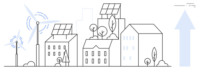 Buildings with solar panels and trees, wind turbines generating power, blue arrow pointing up. Ideal for sustainability, green energy, urban development, eco-friendly living, renewable resources