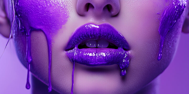 Purple paint smudges drips from woman face. liquid drops on beautiful model girl`s mouth. woman makeup closeup 
