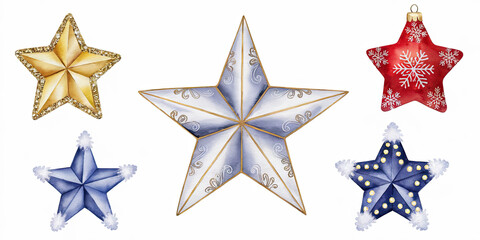 Obraz premium Festive Watercolor Christmas Stars Gold Silver Red Blue Holiday Decorations