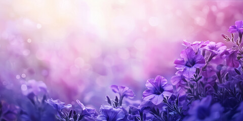 Fototapeta premium Purple petunia flowers bed on beautiful blurred nature background, banner for website with garden concept, toned -