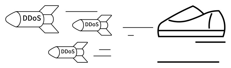 Three black and white DDoS-labeled missiles move towards a speeding missile boat. Ideal for cybersecurity, network defense, digital protection, tech threats, IT security, internet attacks, cyber