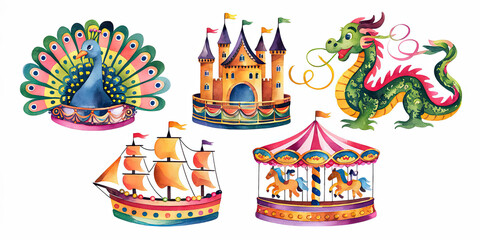 Fototapeta premium Fairytale Watercolor Set Castle Dragon Peacock Ship Carousel