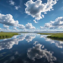 A stunning aerial view of a calm lake or river with a few white puffy clouds floating above the water's surface and a beautiful blue sky, vastness, river