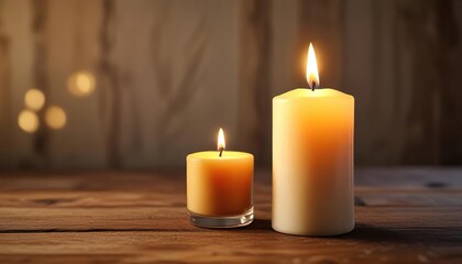 Candle on a wooden table with a soft golden light, relaxing, comforting, candle
