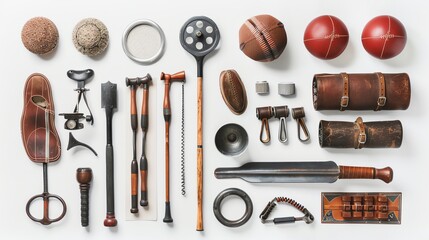 A flat lay of vintage sports equipment isolated on a white background.--ar 16:9