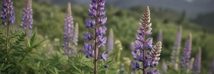 Obraz premium Close-up of purple wild lupine stem with blooming flowers in natural setting, wildflower, perennis