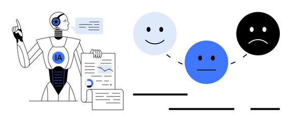 AI robot analyzes data and charts, pointing to happy, neutral, and sad faces representing different emotions. Ideal for technology, data analysis, sentiment analysis, robotics, AI development, user