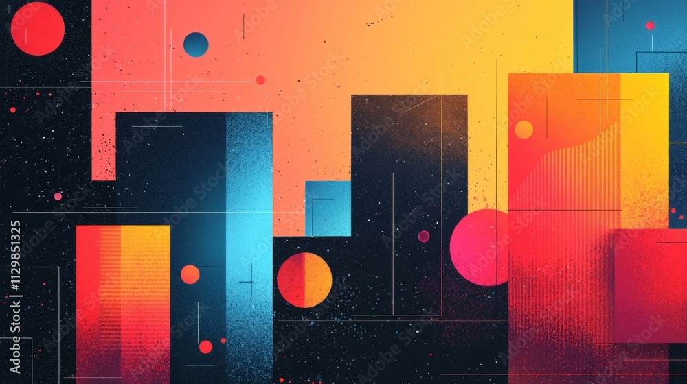 Poster a mesmerizing display of bright geometric shapes forms an abstract cityscape. vivid colors blend har