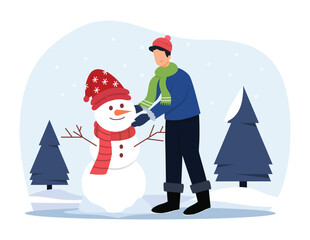 A boy building snowman winter scene snowy landscape. Playing snowman in winter Illustration. Winter fun activity.
