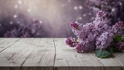 Purple lilac flowers bunch on rustic white wash wood plank boards mockup table surface with bokeh background