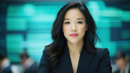 Naklejka premium Success of authority leader. Professional woman in a suit with a confident expression.