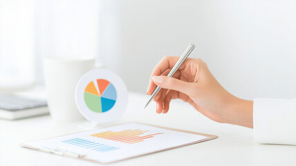Person analyzing data with a pen and pie chart in a bright workspace.