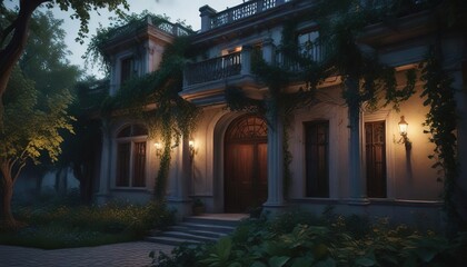 Fototapeta premium dimly lit facade of a mansion with twisted vines and overgrown gardens, haunted house, overgrown gardens, dark mansion