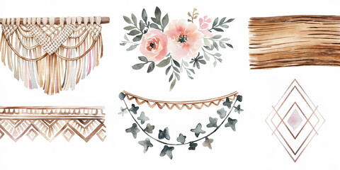 Watercolor Bohemian Decor Elements Macrame Flowers Wood Geometric