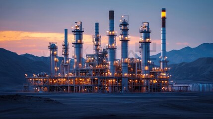 Obraz premium Oil petroleum idea. An illuminated oil refinery at dusk, showcasing industrial beauty and technological progress.