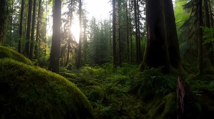 Fototapeta premium Sunlit forest path with moss covered ground and tall trees.