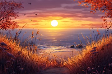 Autumnal Sunset Seascape: Golden Hour at the Coast