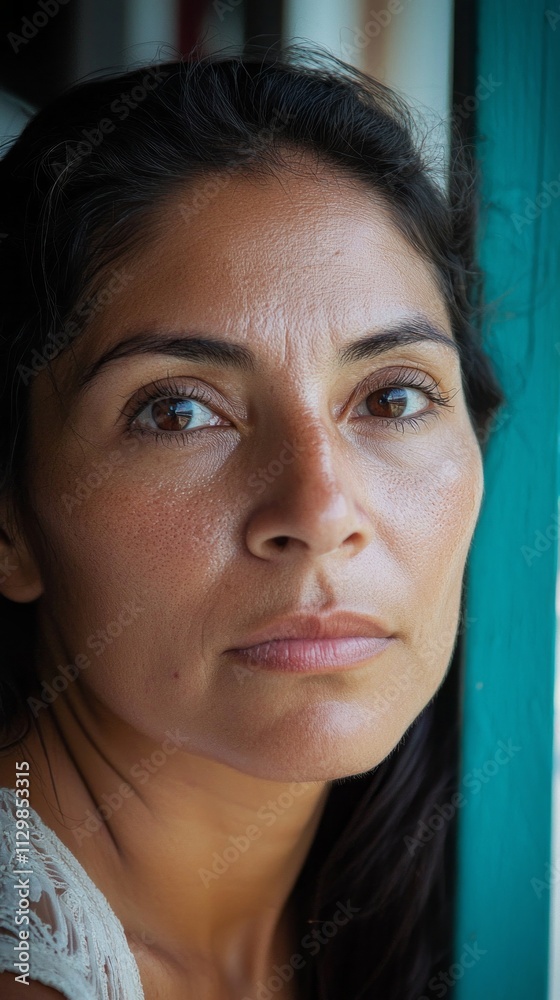 Poster A woman gazes intently out of a window, her expression serious and contemplative. Sunlight softly highlights her features, creating a captivating moment filled with emotion and introspection