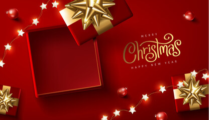 Merry Christmas and happy new year promotion banner with open box festive decoration for christmas