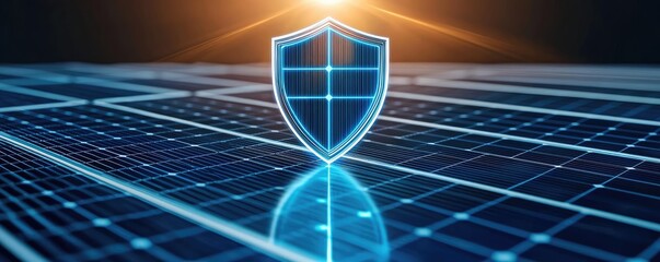 Solar sustainability concept. Digital shield symbolizing cybersecurity on a solar panel background.