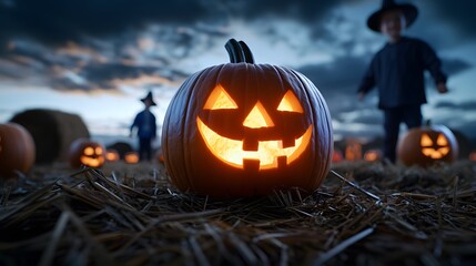 Lit jack-o'-lantern in a field at dusk with children in Halloween costumes.