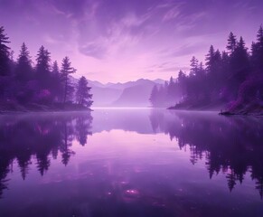 Fototapeta premium Holographic texture of shimmering purple mist over a serene lake, texture, peaceful, mist