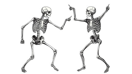 Two skeletons dancing, one is pointing up and the other down with thumbs pointing towards their feet, in black and white ,PNG format Background. Generative AI 