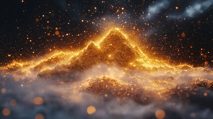 mountains, micro-particles, and high-level fog symbolizing vastness, nature's power, and the interconnectedness of all elements in the universe