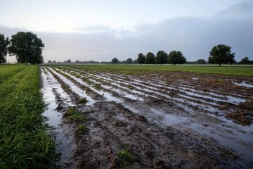 Serene agricultural landscape depicting freshly tilled soil with waterlogged fields under a cloudy sky, showcasing rows of crops and lush greenery in tranquil rural setting.