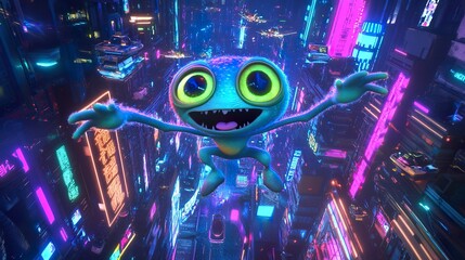 Happy cartoon creature soaring over a vibrant, futuristic city at night.