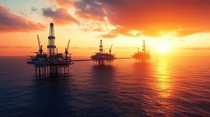 Fototapeta premium Oil petroleum idea. Oil rigs silhouetted against a stunning sunset over the calm ocean waters.