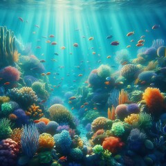 Naklejka premium A bright and thriving coral reef scene with vibrant marine life. Colorful tropical fish swim through the corals, illuminated by beams of sunlight piercing through the water, creating a serene