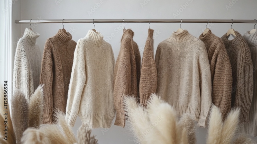 Poster a minimalist rack holds a collection of cozy sweaters in soft neutral tones. the warm hues complemen